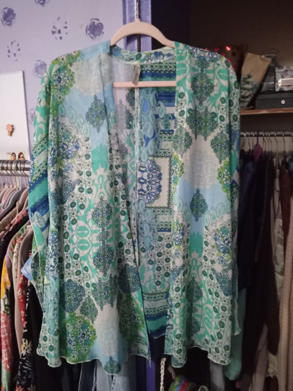 Elan Aqua And Seafoam Printed Lightweight Layer Sheer Kimono